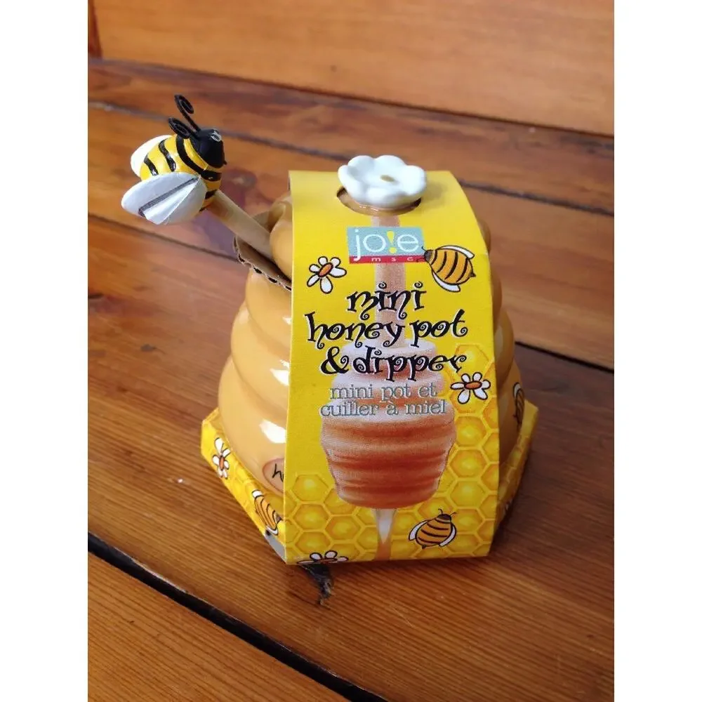 Joie MSC International Mini Porcelain Ceramic Honey Pot & Wood Bee Hive Dipper